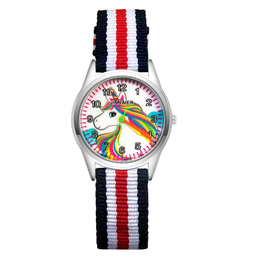 Blue white red Мода мультфильм Радуга Лошадь Единорог стиль детские часы Дети студентка Девочки Мальчики кварцевые нейлоновый ремешок наручные часы JN02 - Цвет: Blue white red