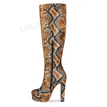 

SEIIHEM SUPER Platform Boots Knee High Snake Print Side Zip High Heels Unisex Botas Shoes Woman Donne Stivali Size 39 41 42 43