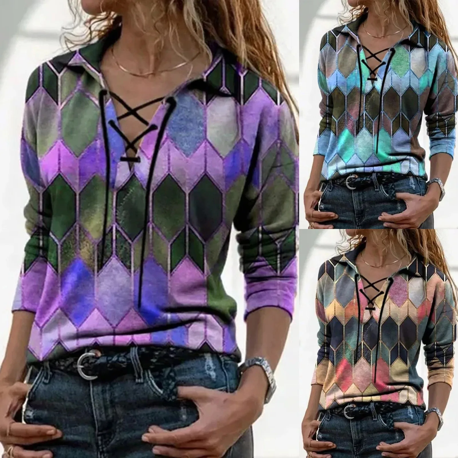 2021 Fashion Blouse Women Prints Long Sleeve Color Matching Bandage Tops Blouses Blusas Mujer 1