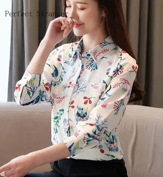 

2020 Spring New Arrival High Quality Korean Turn-down Collar Flower Printed Long Sleeve Women Chiffon Blouse