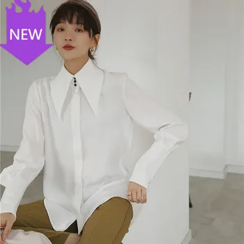 

White Lantern Long Sleeve Big Pointed Lapel Simple Comfortable Loose Shirt Women England Style Vintage Blouse 2020 Autumn