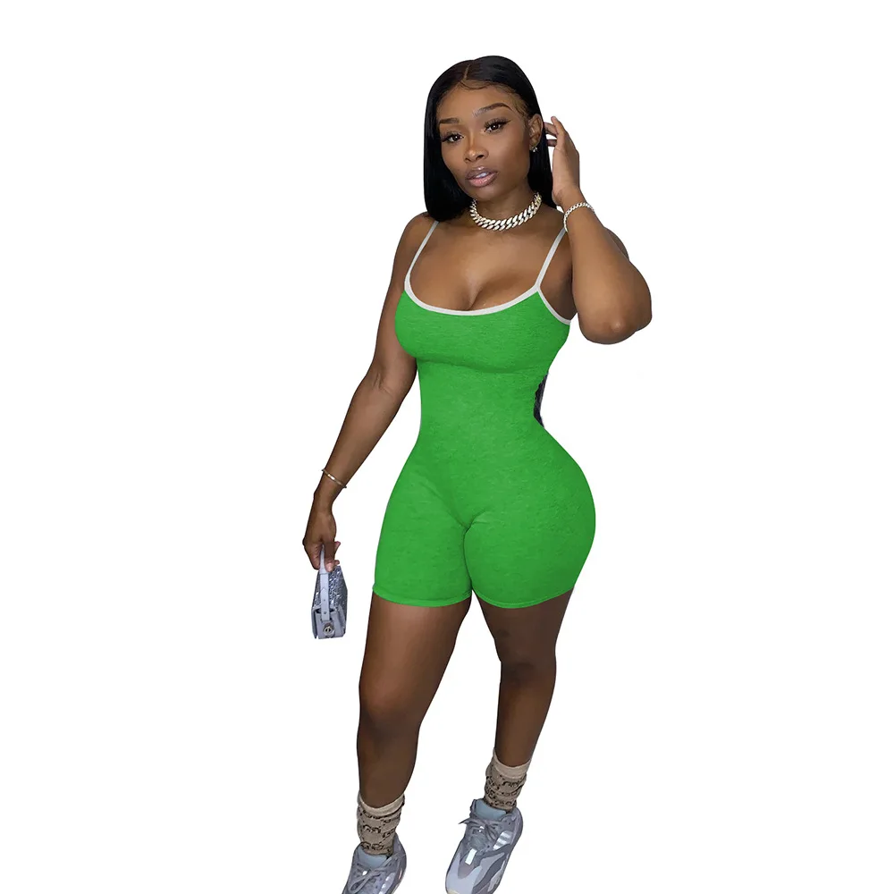 Adogirl Women Sport Bodysuit One Piece Playsuit Striped Splicing Spaghetti Strap Jumpsuit Casual Women Solid Short Romper