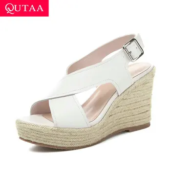 

QUTAA 2020 Wedge Heel Summer Women Shoes Buckle Peep Toe Fashion Ladies Pumps Cow Leather Cut Outs Platform Sandals Size 34-39