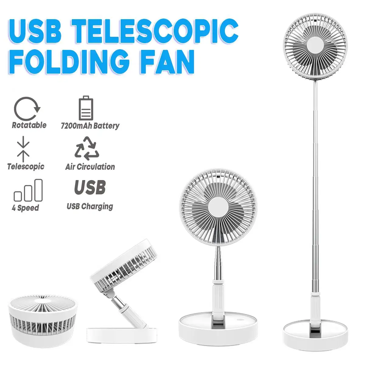 

Desktop/Floor Fan Telescopic Folding Fan 7200mAh Electric Fan Air Condition USB Charging Table Desktop Cooler 4 Speed 10 Hours