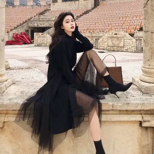 Late Autumn Playful Western Style Slimming Long Skirts Skirt Goddess-Style Sweater And Skirt Two-Piece Set Women's Spring And Au