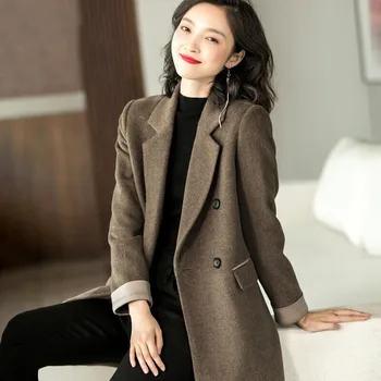 

Women Wool Long Coat Autumn Winter Long Sleeve Woolen Coats Jacket Office Ladies Solid Slim Overcoat Outwear