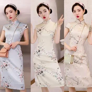 

Printed Flower Young Lady Satin Casual Dress Mandarin Collar Short Sleeve Gown Vintage Qipao Vestidos Oversize 4XL