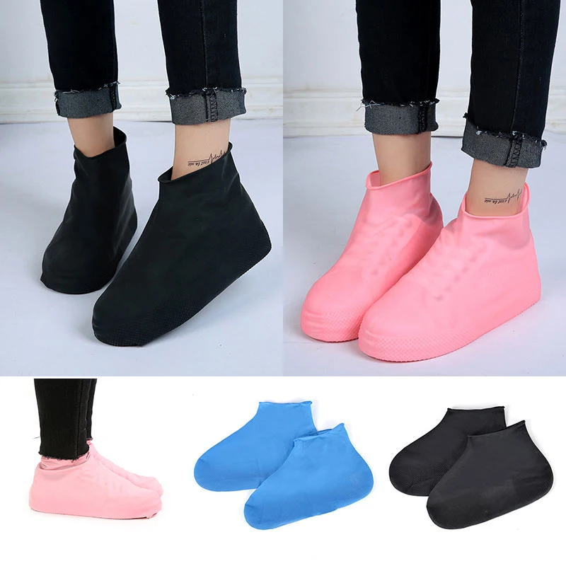 Black Waterproof Rain Shoes Covers 1 Pair Reusable Latex Slip-resistant Rubber Rain Boot Overshoes Shoes Accessories Size S/M/L
