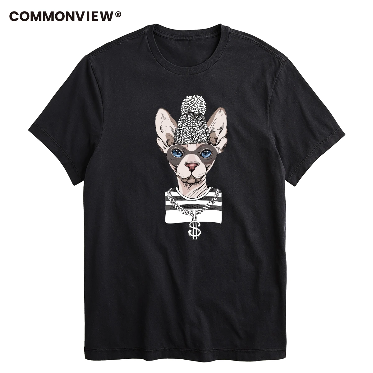 COMMONVIEW 100% cotton cool summer loose men T shirt casual short sleeve cat print men tshirt male summer tshirt tops tee shirts