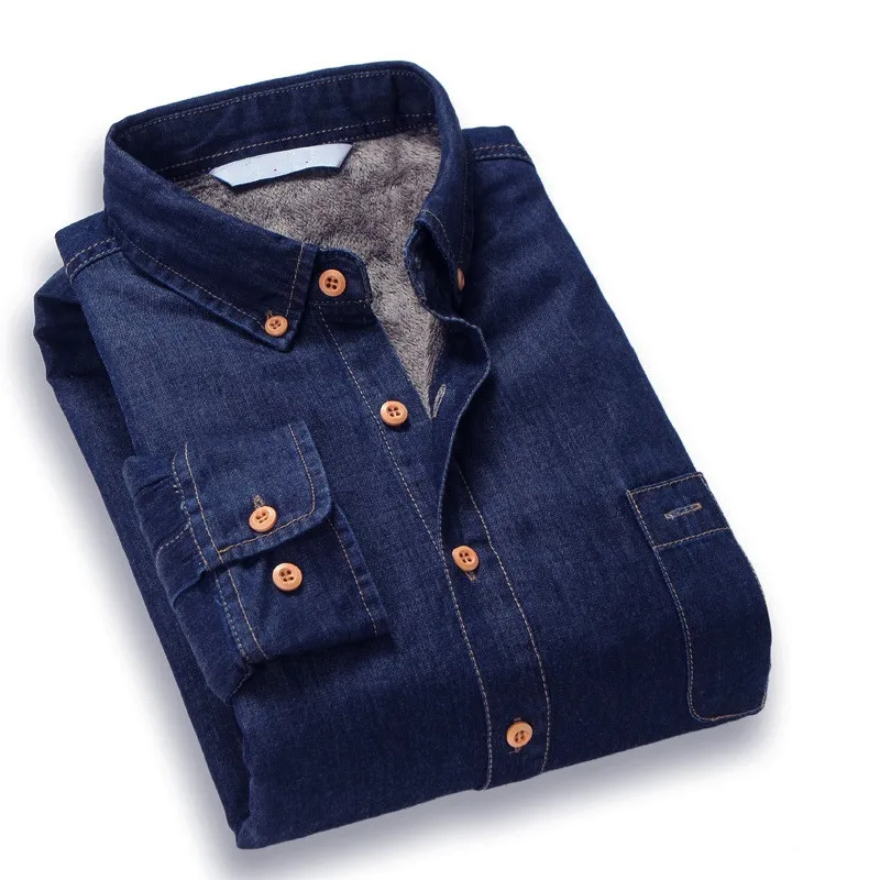 Fleece Long Sleeve Jeans Shirt Men Autumn Winter Plus Velvet Thicken Warm Men Denim Shirt Men Dress Shirt Camisa Masculina