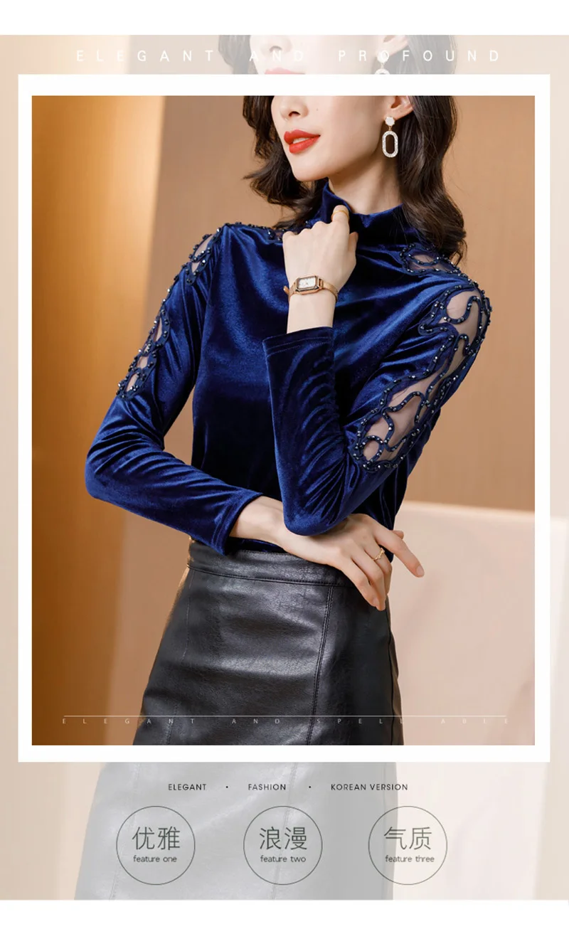New 2020 Autumn winter woman tshirts Korean fashion slim high neck velvet t-shirt embroidered long sleeve bottoming shirt