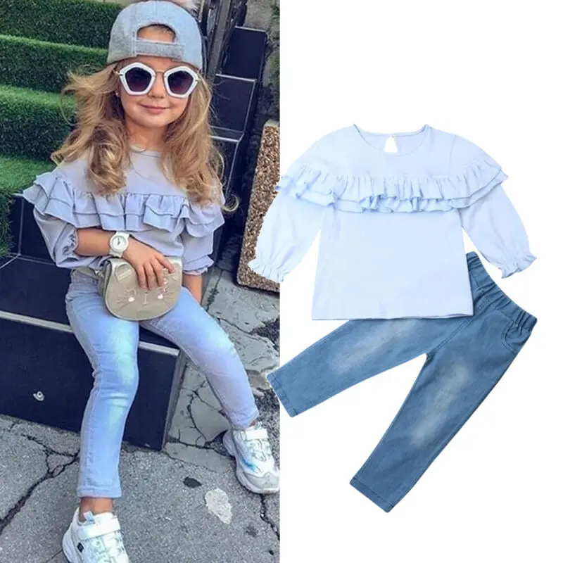 

New 2019 Autumn Winter Toddler Kids Baby Girl Ruffle Tops Long Sleeve T shirt Denim Pants 2Pcs Outfit Clothes Set
