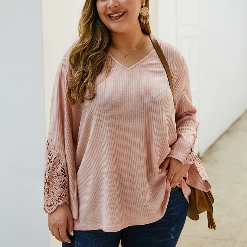 Autumn and winter large size women's thin sweater 5XL 6XL 7XL 8XL 9XL bust 148CM long sleeve V-neck lace cuff loose sweater