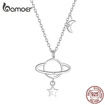 

bamoer Planet with Star Interstellar Pendant Necklace for Women 925 Sterling Silver Chain Link Neckalces Fashion Jewelry SCN349