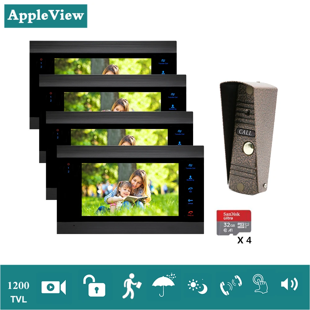 

Video Door Phone Intercom Doorbell 7 inch Monitoring Video Doorbell 4 Indoor Panels and 1 Outdoor Doorbell Night Vision