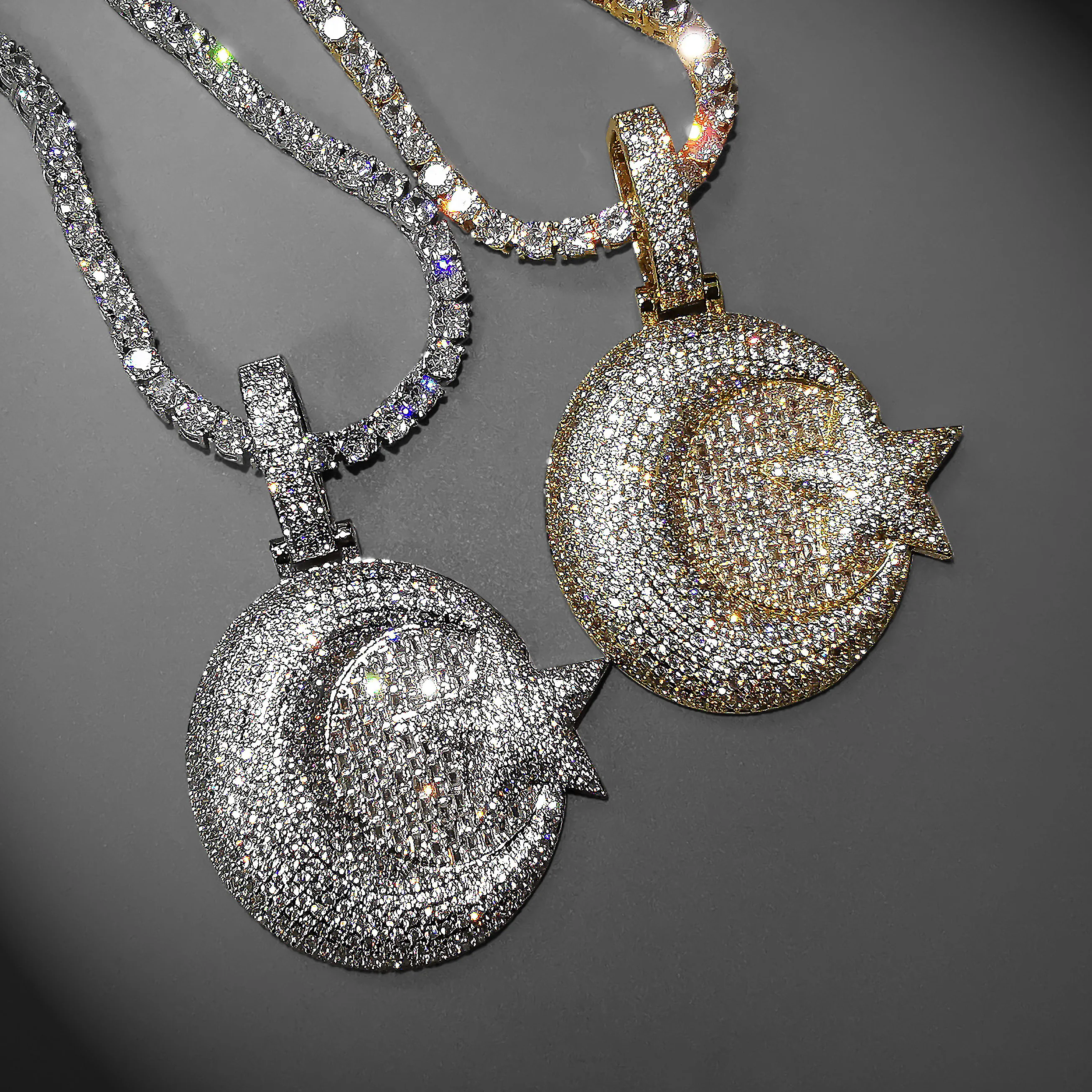 

Bling Hip Hop Moon And Star Pendant With Tennis Chain Luxury Full Cubic Zirconia Necklace For Men Women Gifts