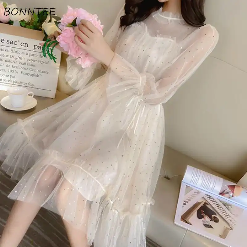 Long Sleeve Dress Women Elegant Mesh Patchwork Chic Sequins Sweet Knee-Length Youth Girls Dresses Kawaii Summer Birthday Party