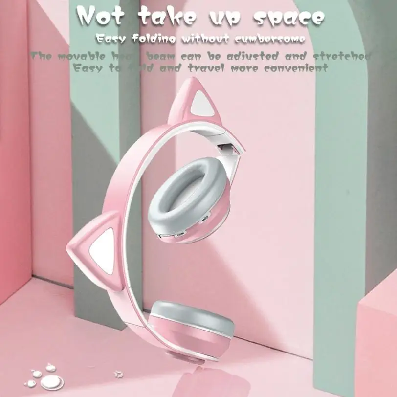 C9 Cute Cat Ear Wireless Bluetooth Sport Earbuds for Girl Colorful Lamp Holder with Foldable Music Headset for Ipad Cellphone