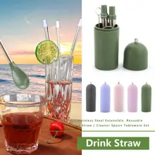 Многоразовые соломинки из нержавеющей стали для пикника и питья, соломинки с чистящей ложкой для домашнего интерьера, кухонные принадлежности
