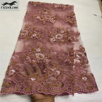 

Madison Luxury Handmade Beads Lace Fabric Embroidery Nigerian Net Lace Fabric with Beads French Tulle Mesh Lace Fabrics