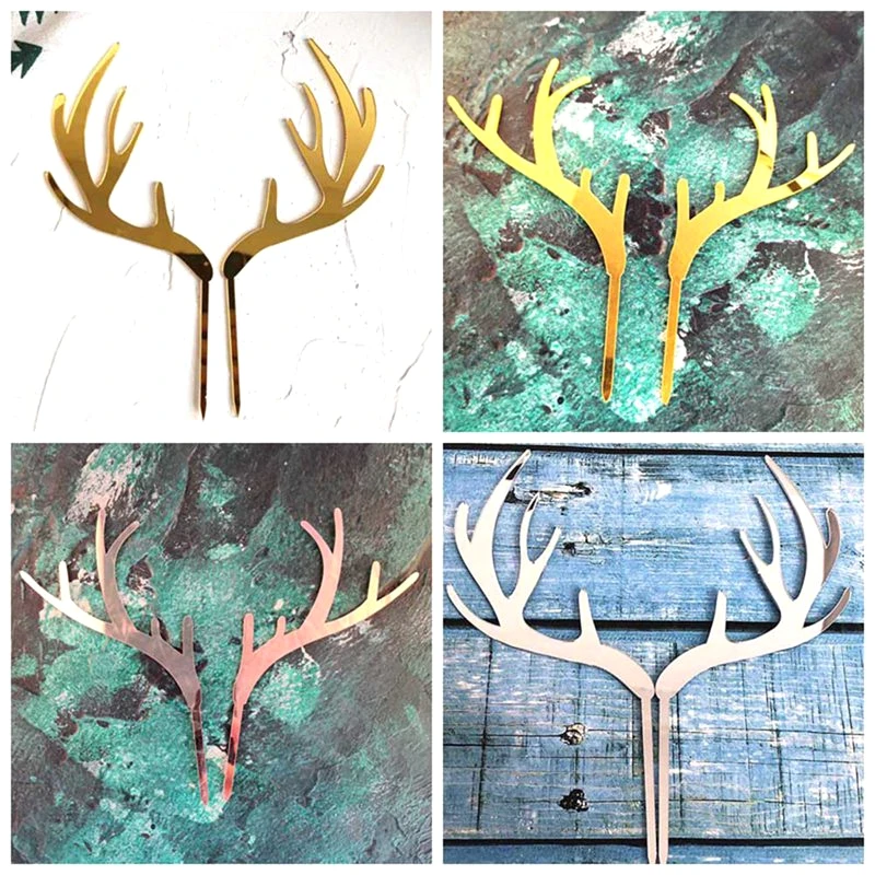 2Pcs/set Merry Christmas Cake Toppers Gold Silver Deer Elk Antlers Cake Topper for new year Party Handmade Cake Gift Decoration