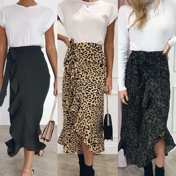 

Hot Sale 2019 New Slim Fashion Casual Women Leopard Print Boho Wrap Over Aysmmetric Loose Skirt Summer High Waist Midi Skirts