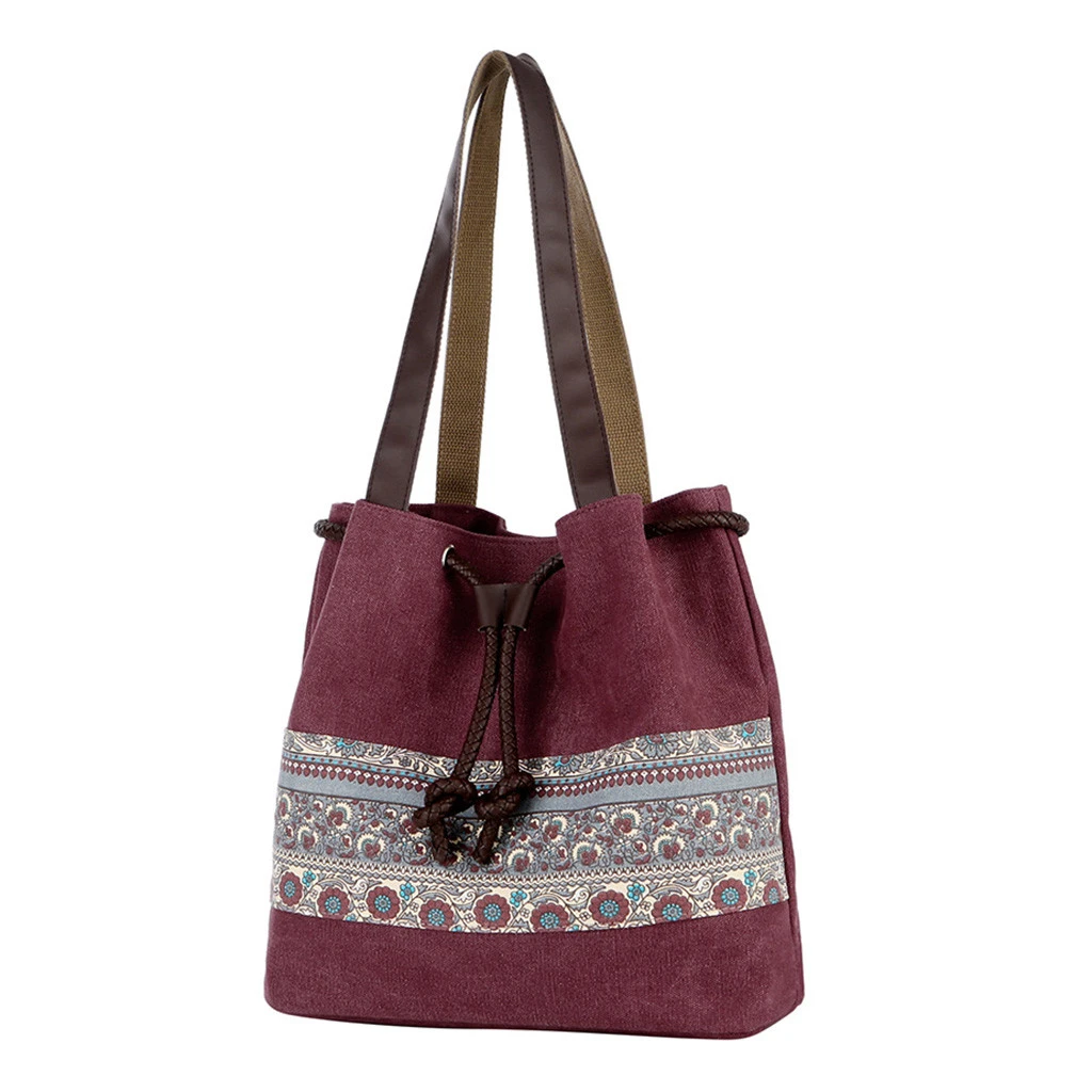 Style Canvas Handbags Women Drawstring Bucket Bag Lady Cheap Shoulder Single Shoulder Shopping Bags Floral Printed Beach Bag 820