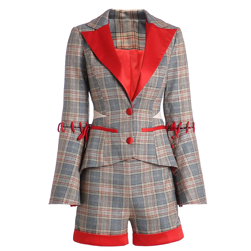 10.3 High quality Autumn New women single breasted Turn-down collar long sleeve coat short pants plaid suit