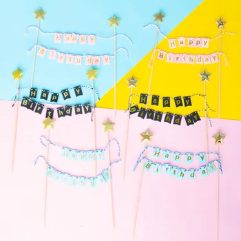 

Cakelove Pink Blue Black Happy Birthday Cake Banner Flags With Shinning Stars Happy Birthday Cake Topper Cake Decorations