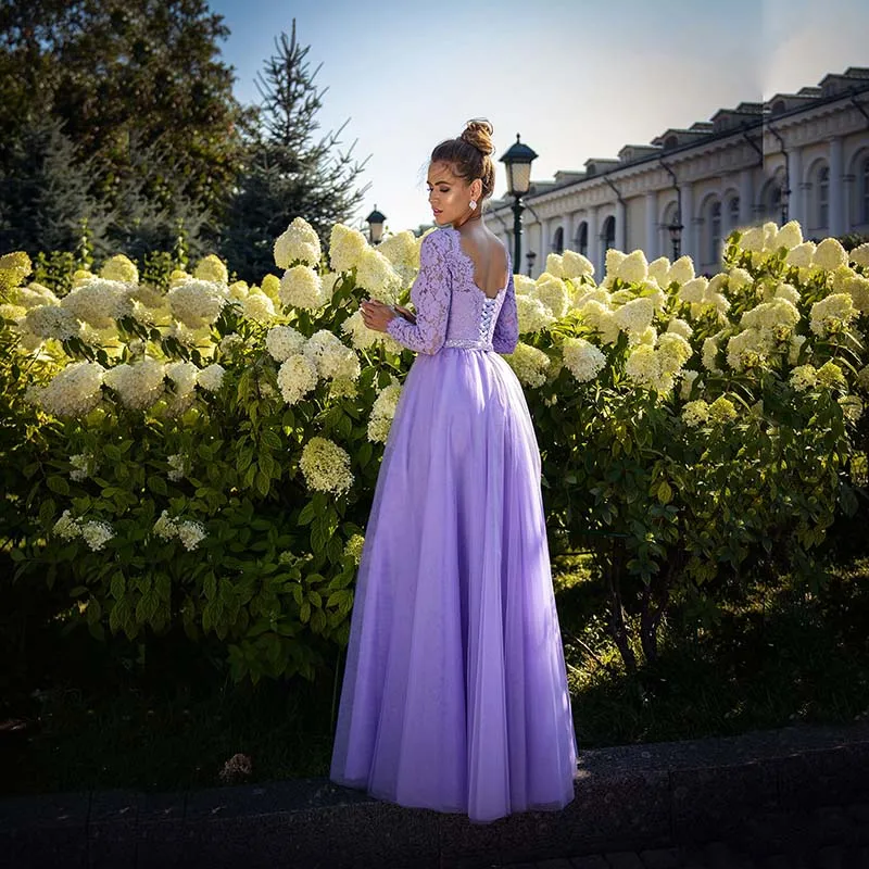 Charming Lilac Lace Long Sleeve Prom Party Dresses V Neckline Beaded Belt Back Out Wedding Guest Gowns Length robes de soirée sage green prom dress