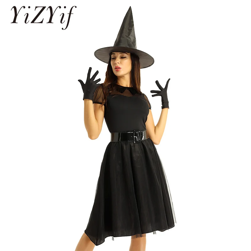 

4Pcs Women Witch Cosplay Halloween Costume Doll Collar Sheer Tulle Short Sleeves Dress with Belt Pointed Hat and Gloves Outfit