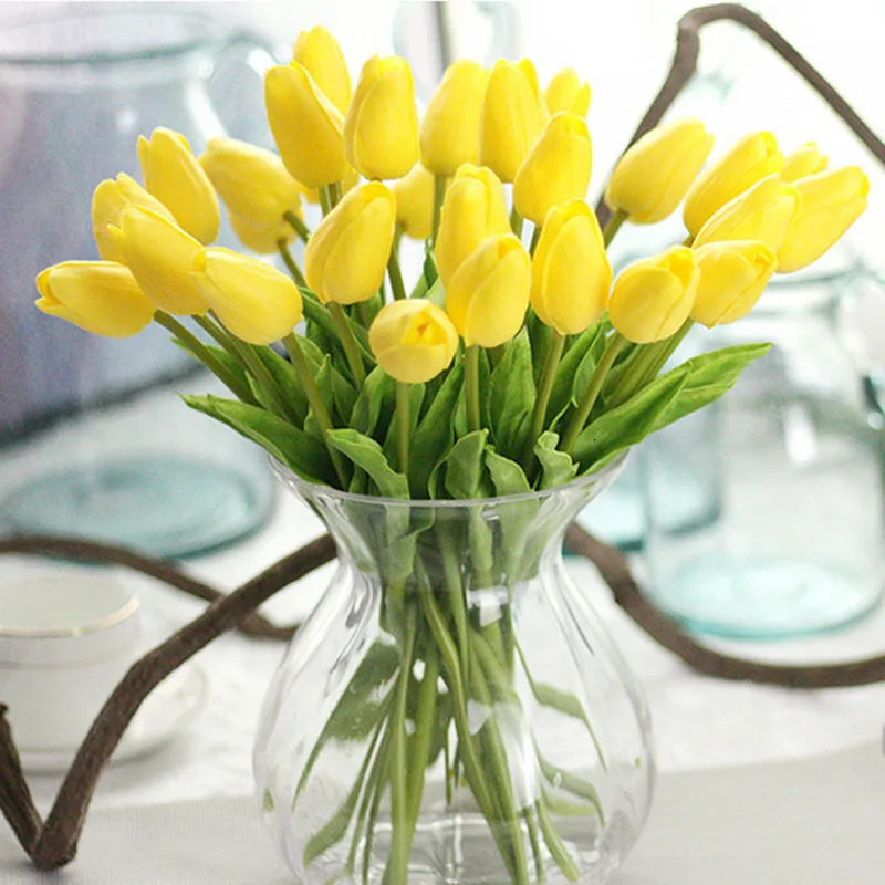 10 шт. красивые настоящие на ощупь цветы латексные тюльпаны искусственный букет поддельный цветок Свадебный букет декоративные цветы для свадьбы - Цвет: 10pcs Yellow