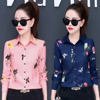 

women shirts 2020 summer new floral v-neck turn-down collar long-sleeved slim office lady elegant printed shirts outwear tops