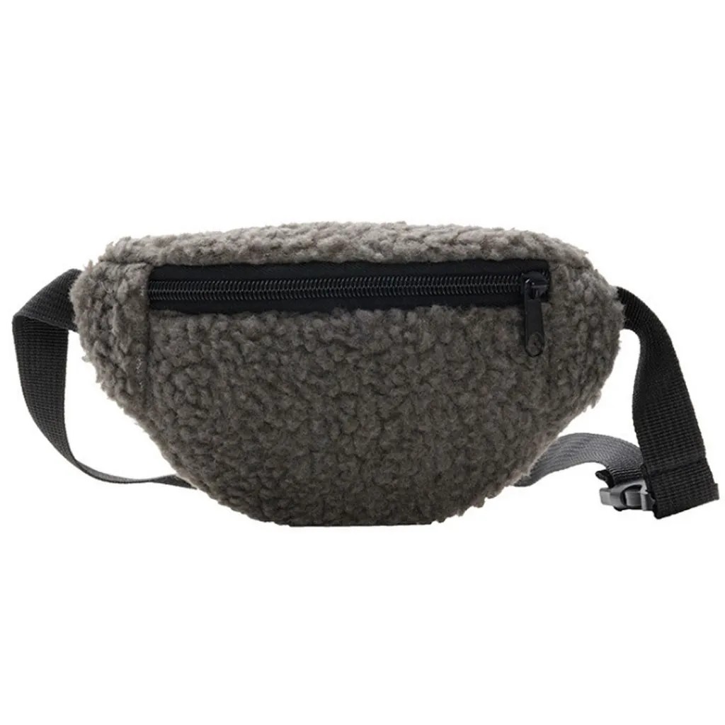 Children's Solid Color Cute Pattern Wool Chest Bag Pocket Fashion Trend New Women small Waist Pack Waist Bags for girls bolsa - Цвет: Серый