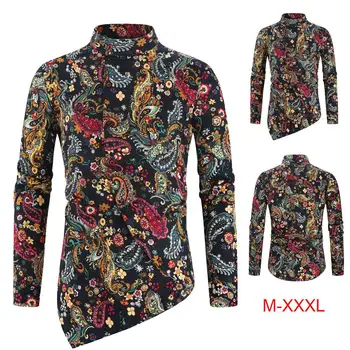 

Hawaiian Men Shirt Irregular Unique design Blouse Male Casual Stand collar Mens Dress Shirts Cashew Flower Social Flower