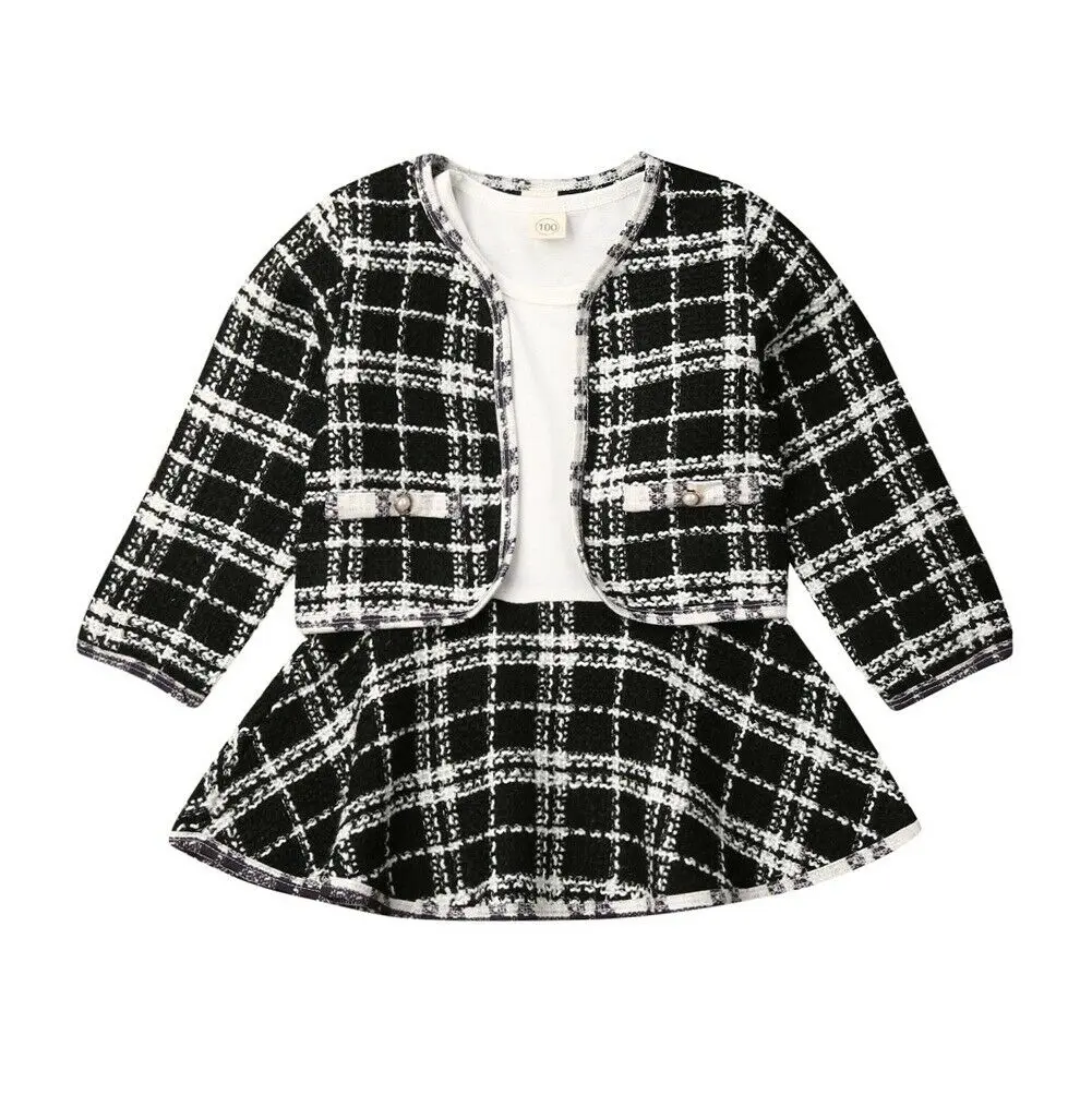 Winter Clothes Toddler Baby Girls Clothes Plaid Coat Tops+Tutu Dress Formal Outfits Set 1-6T