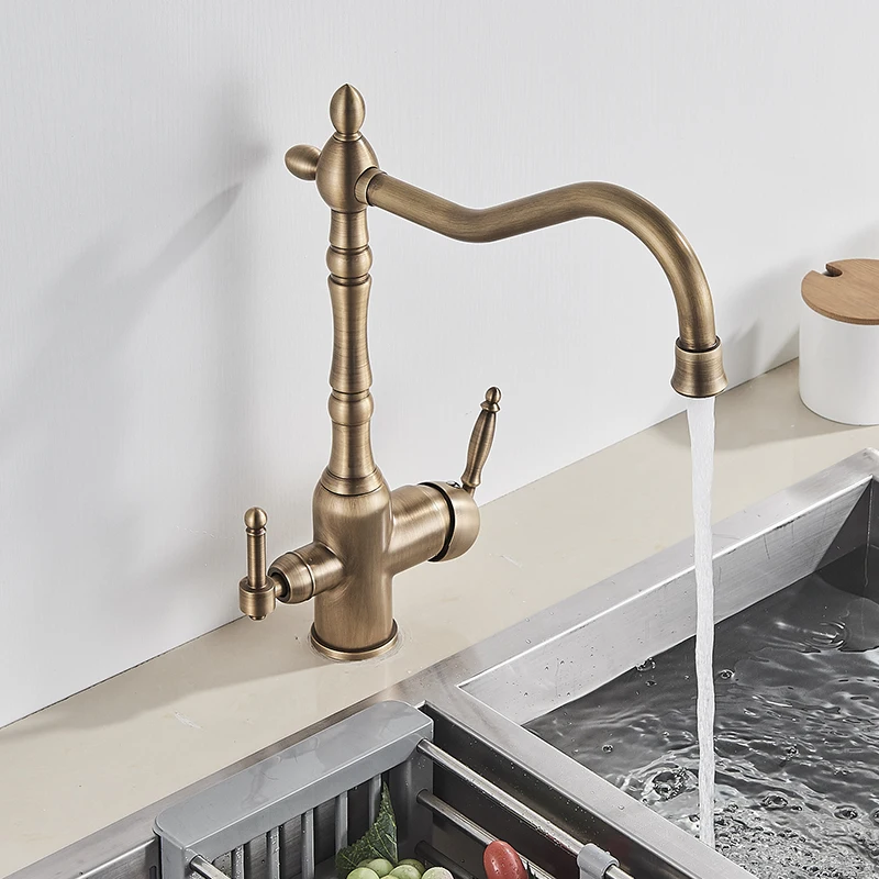 Antique Brass Filter Kitchen Faucet Drinking Pure Water Kitchen Tap Deck Mounted Dual Handles 3-Ways Hot and Cold Water Mixer kitchen faucet with sprayer