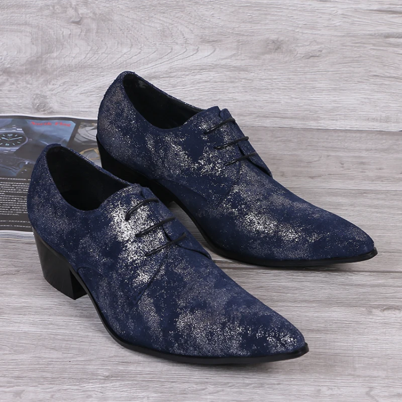 

Christia Bella Pointed Toe Sapphire Blue Real Leather Male Heighten Oxfords Shoes British Style Men's Party Dress Brogue Shoes