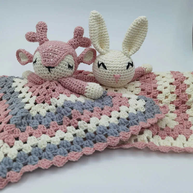 Crochet Elk Deer  Rabbite Toy Set Comfort towel Baby Rattle Biting Ring Handmade Baby Teething Ring Stuffed Plush Toys Gifts 3