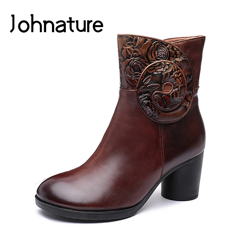 

Johnature Totem Retro Women Shoes Genuine Leather Platform Boots Zip 2019 New Winter Round Toe Flat With Handmade Ankle Boots