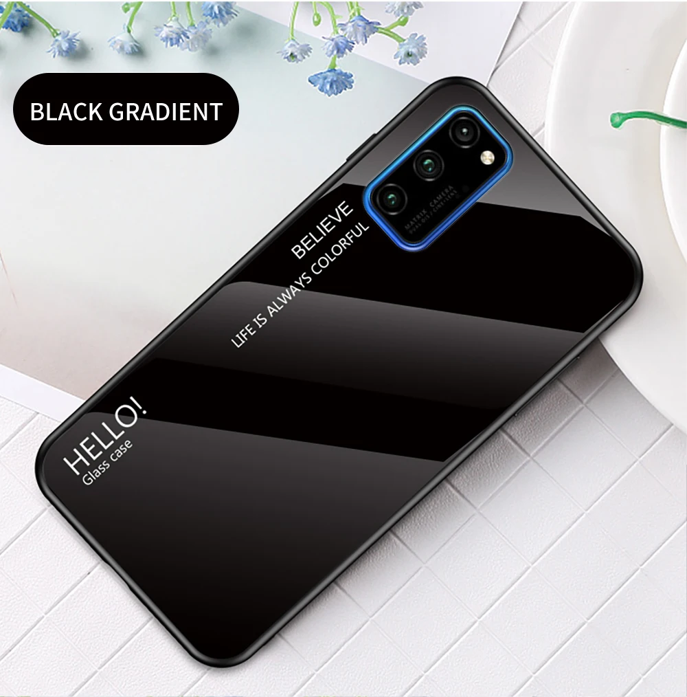 Black Чехол Alxun для huawei Honor V30 Pro, цветная градиентная силиконовая рамка, закаленное стекло, задняя крышка для huawei Honor V30, чехол - Цвет: Black