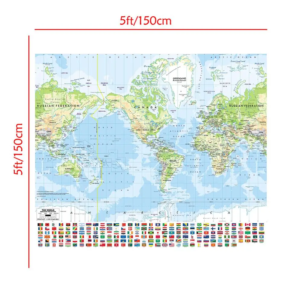 Карта мира Mercator проекционная с национальным флагом 150x150 см Нетканая