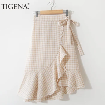 

TIGENA Irregular Hem Ruffles Midi Plaid Skirt Women Fashion 2020 Summer Korean Belt High Waist Checked Cute School Skirt Female