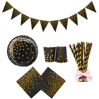 

Gold Black Flag Banner Garland DIY Glitter Bunting Paper Birthday Banner Plate Napkin Cup For Party Wedding Decoration Supplies