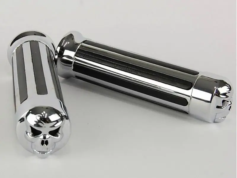 

Motorcycle Skull Stripe Chrome Hand Grips Handle Bar For Softail