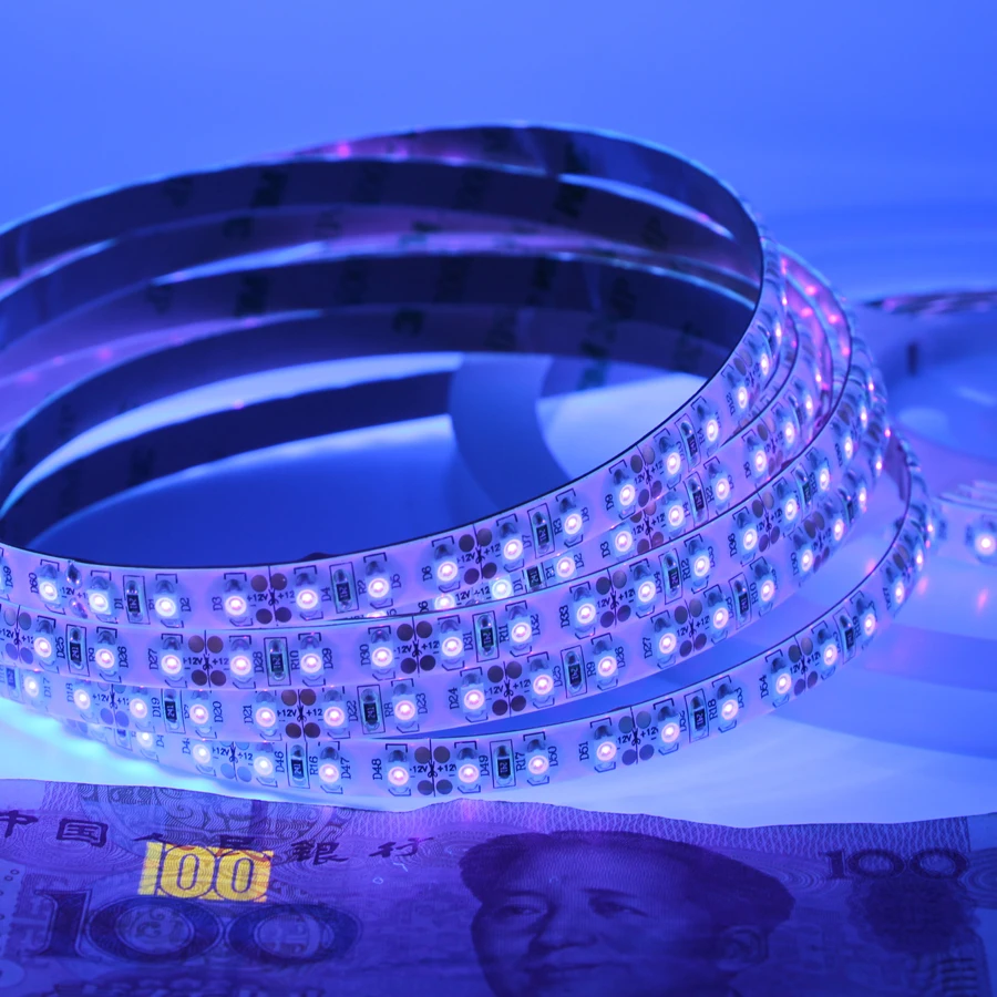 SMD 3528 395-405nm 12V UV Led 스트립 빛 120leds/m 자외선 보라색 유연한 테이프 램프 + 전원 어댑터 + RF 원격 컨트롤러