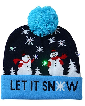 Модный светодиодный свитер с рождественской шапкой, шапка Санты для детей и взрослых, вязаный светодиодный свитер с рождественской шапочкой, вечерние рождественские шапочки с рисунком - Цвет: snowman 1
