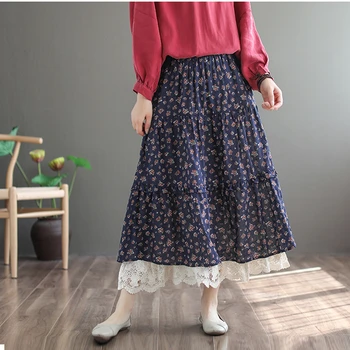 

NINI WONDERLAND Spring Summer Print Skirts Women Lace Stitching A-line Skirts 2020 High Waist Midi Skirt Mori Girl Style Clothes