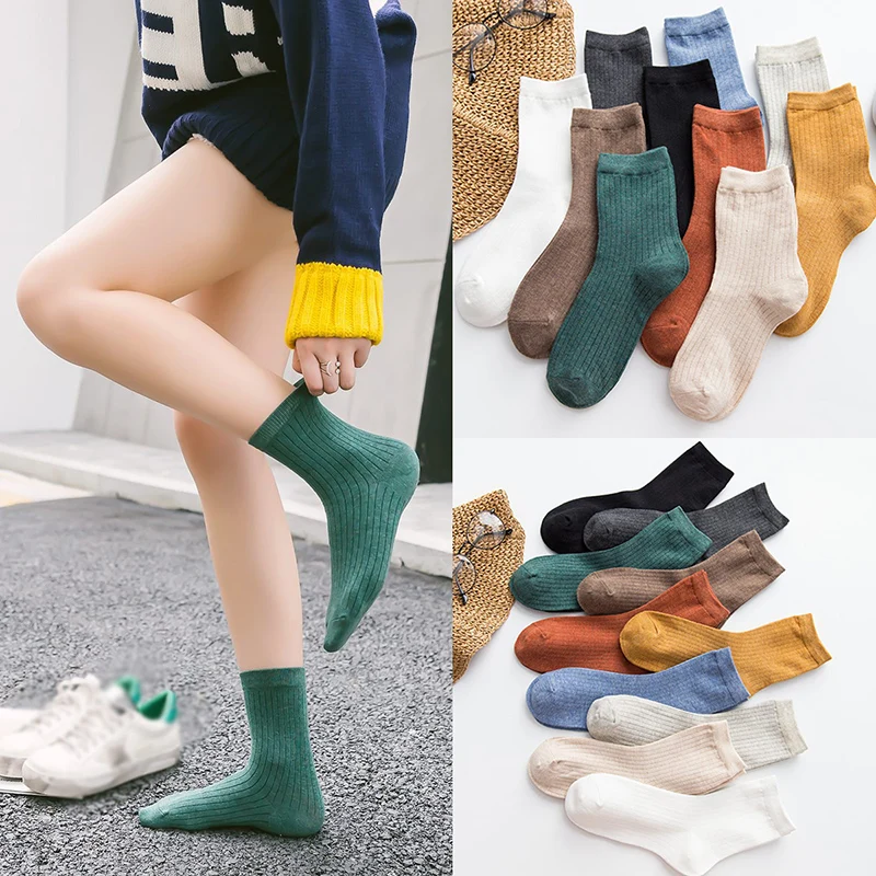 

2019 Double Needle Women's Socks Striped Women Socks Fashion Cotton Socks Solid Color Lady Retro Socks For Spring Autumn Winter