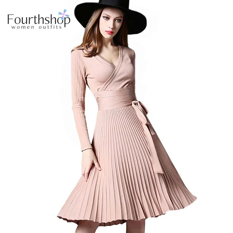 Fashion Winter Sweater Dress Women Lace Up Pleated Knitted A Line V